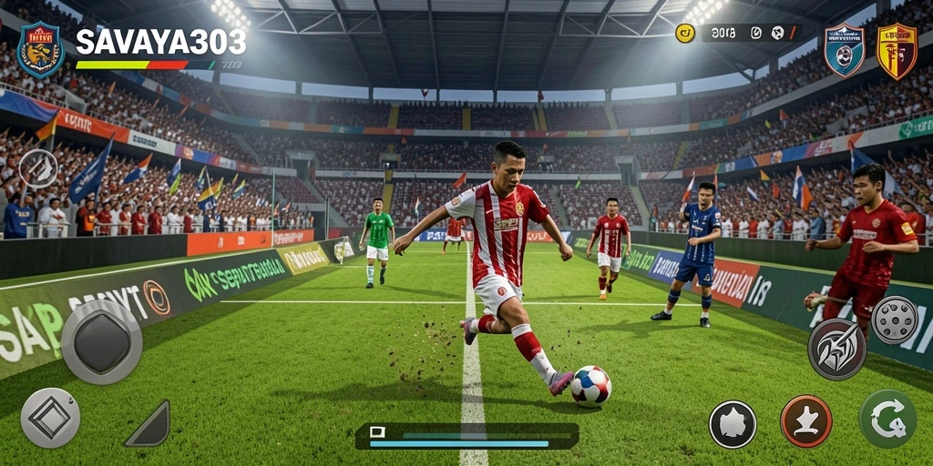 Screenshot gameplay dari SAVAYA303 menampilkan aksi sepak bola seru.